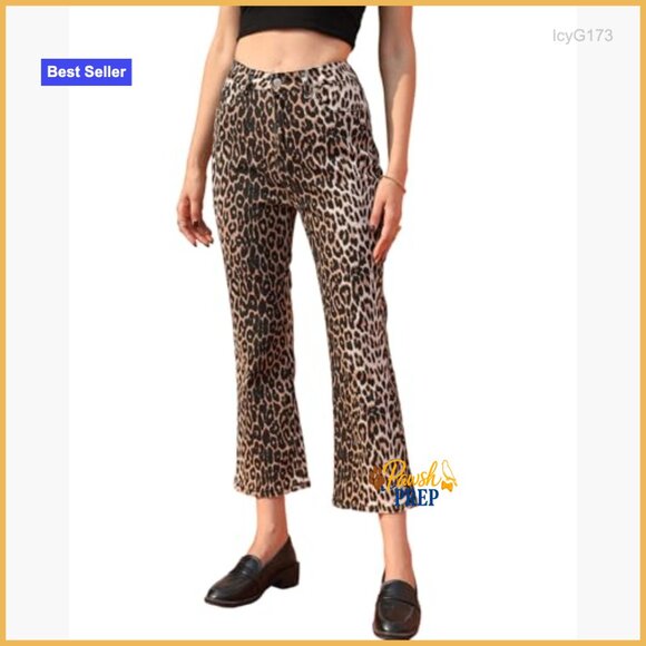 Cropped Mid Rise Stretchy Flared Denim Jeans, Leopard Print - Picture 2 of 7